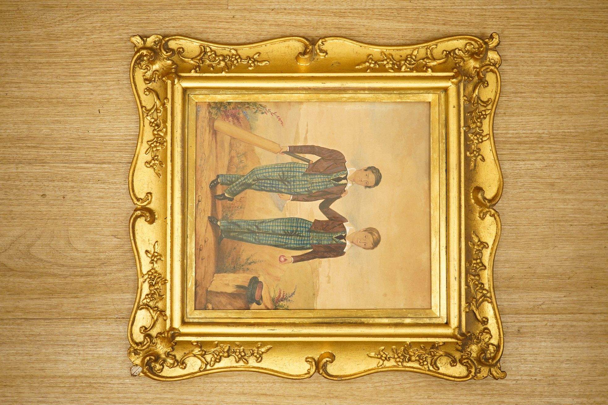 G.M. Mather (19th. C), heightened watercolour, Study of two young cricketers, signed and inscribed Edinburgh 1844, 26 x 23cm, ornate gilt frame. Condition - discoloured